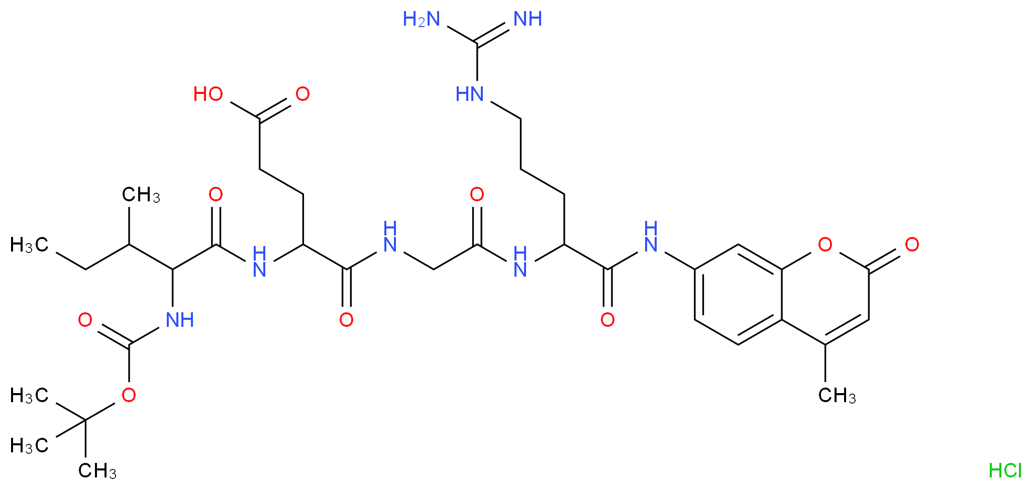 4-(2-{[(tert-butoxy)carbonyl]amino}-3-methylpentanamido)-4-{[({4-carbamimidamido-1-[(4-methyl-2-oxo-2H-chromen-7-yl)carbamoyl]butyl}carbamoyl)methyl]carbamoyl}butanoic acid hydrochloride_分子结构_CAS_102601-26-3