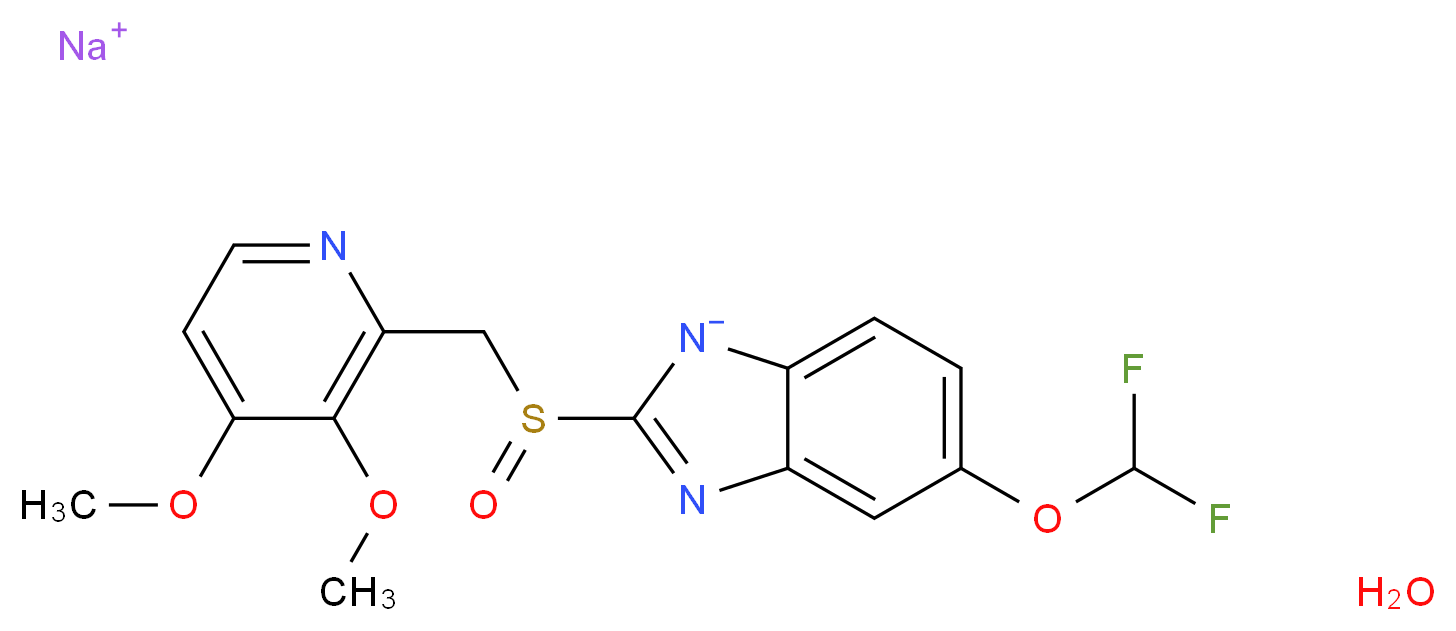 sodium 5-(difluoromethoxy)-2-[(3,4-dimethoxypyridin-2-yl)methanesulfinyl]-1H-1,3-benzodiazol-1-ide hydrate_分子结构_CAS_718635-09-7