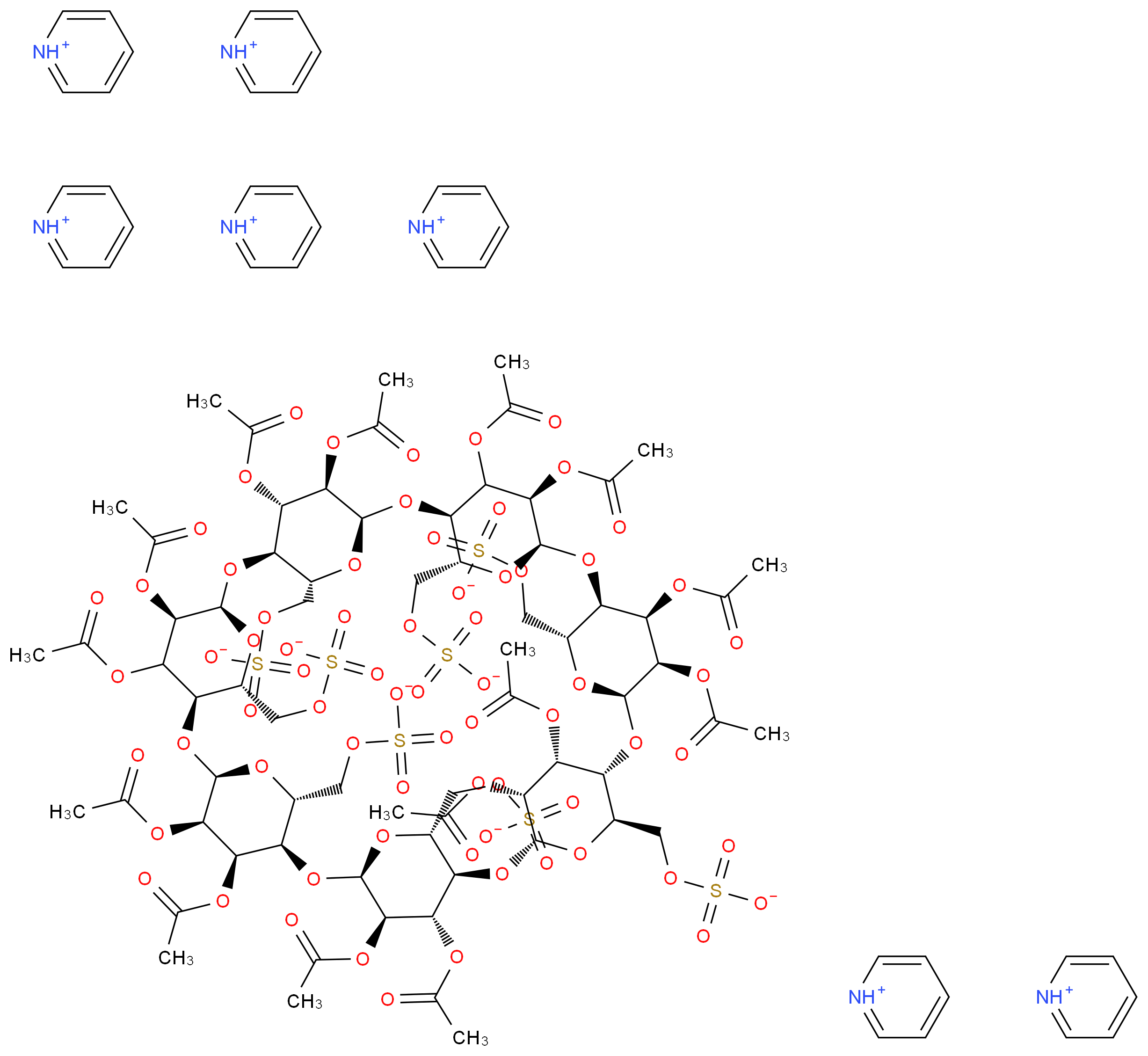 heptakis(pyridin-1-ium) [(1R,3R,5R,6R,8R,10R,11R,13R,15R,16R,18R,20R,21R,23R,25R,26R,28R,30R,31R,33R,35R,36R,37R,39R,40S,41R,43R,44R,45R,46R,47R,48S,49R)-36,37,38,39,40,41,42,43,44,45,46,47,48,49-tetradecakis(acetyloxy)-10,15,20,25,30,35-hexakis[(sulfonatooxy)methyl]-2,4,7,9,12,14,17,19,22,24,27,29,32,34-tetradecaoxaoctacyclo[31.2.2.2<sup>3</sup>,<sup>6</sup>.2<sup>8</sup>,<sup>1</sup><sup>1</sup>.2<sup>1</sup><sup>3</sup>,<sup>1</sup><sup>6</sup>.2<sup>1</sup><sup>8</sup>,<sup>2</sup><sup>1</sup>.2<sup>2</sup><sup>3</sup>,<sup>2</sup><sup>6</sup>.2<sup>2</sup><sup>8</sup>,<sup>3</sup><sup>1</sup>]nonatetracontan-5-yl]methyl sulfate_分子结构_CAS_196398-65-9