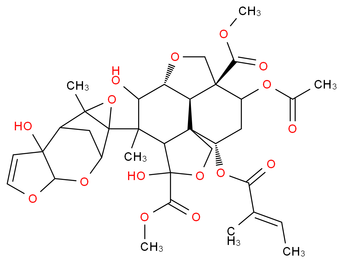 4,11-dimethyl (8R,11S,14S,15R)-12-(acetyloxy)-4,7-dihydroxy-6-{2-hydroxy-11-methyl-5,7,10-trioxatetracyclo[6.3.1.0<sup>2</sup>,<sup>6</sup>.0<sup>9</sup>,<sup>1</sup><sup>1</sup>]dodec-3-en-9-yl}-6-methyl-14-{[(2E)-2-methylbut-2-enoyl]oxy}-3,9-dioxatetracyclo[6.6.1.0<sup>1</sup>,<sup>5</sup>.0<sup>1</sup><sup>1</sup>,<sup>1</sup><sup>5</sup>]pentadecane-4,11-dicarboxylate_分子结构_CAS_11141-17-6