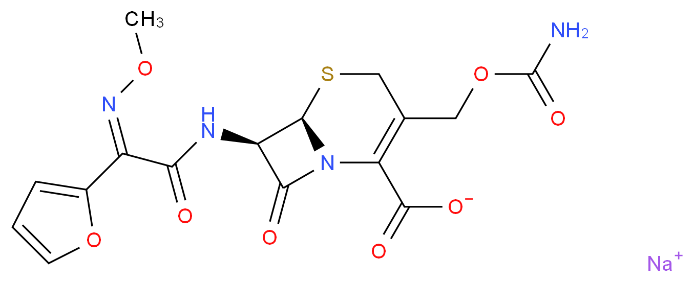 sodium (6R,7R)-3-[(carbamoyloxy)methyl]-7-[(2Z)-2-(furan-2-yl)-2-(methoxyimino)acetamido]-8-oxo-5-thia-1-azabicyclo[4.2.0]oct-2-ene-2-carboxylate_分子结构_CAS_56238-63-2