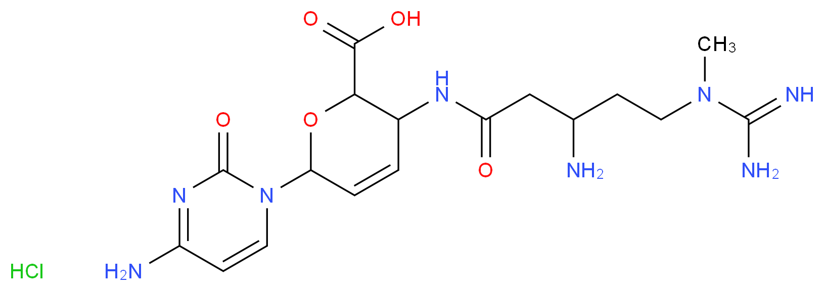 6-(4-amino-2-oxo-1,2-dihydropyrimidin-1-yl)-3-[3-amino-5-(1-methylcarbamimidamido)pentanamido]-3,6-dihydro-2H-pyran-2-carboxylic acid hydrochloride_分子结构_CAS_2079-00-7
