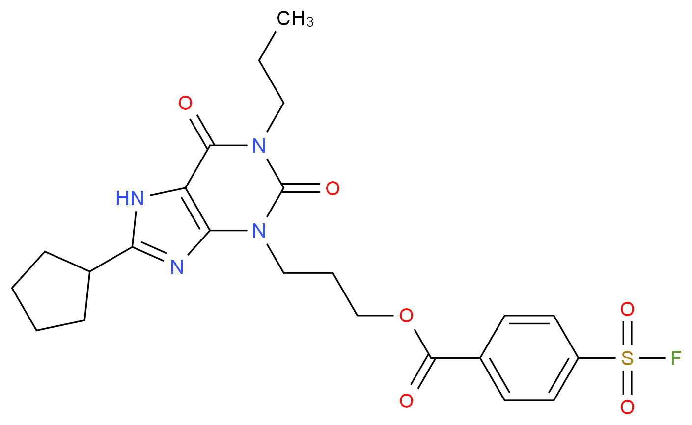 3-(8-cyclopentyl-2,6-dioxo-1-propyl-2,3,6,7-tetrahydro-1H-purin-3-yl)propyl 4-(fluorosulfonyl)benzoate_分子结构_CAS_156547-56-7