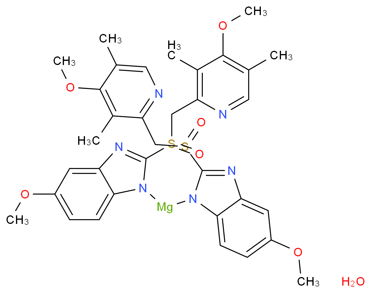 5-methoxy-1-({5-methoxy-2-[(S)-(4-methoxy-3,5-dimethylpyridin-2-yl)methanesulfinyl]-1H-1,3-benzodiazol-1-yl}magnesio)-2-[(S)-(4-methoxy-3,5-dimethylpyridin-2-yl)methanesulfinyl]-1H-1,3-benzodiazole hydrate_分子结构_CAS_668985-31-7