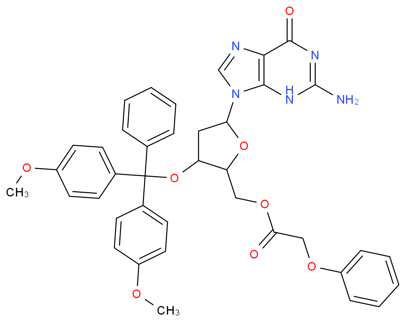 N2-Phenoxyacetyl-5′-O-(4,4′-dimethoxytrityl)-2′-deoxyguanosine_分子结构_CAS_115388-95-9)