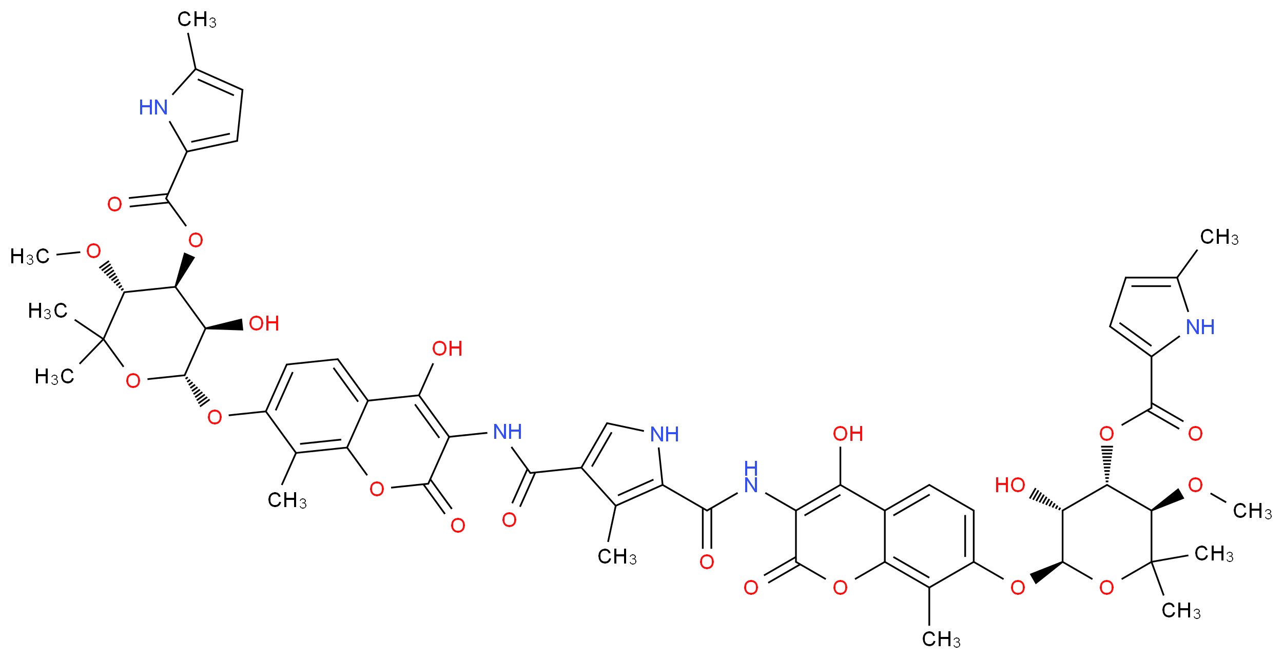 (3R,4S,5R,6R)-5-hydroxy-6-[(4-hydroxy-3-{5-[(4-hydroxy-7-{[(2R,3R,4S,5R)-3-hydroxy-5-methoxy-6,6-dimethyl-4-(5-methyl-1H-pyrrole-2-carbonyloxy)oxan-2-yl]oxy}-8-methyl-2-oxo-2H-chromen-3-yl)carbamoyl]-4-methyl-1H-pyrrole-3-amido}-8-methyl-2-oxo-2H-chromen-7-yl)oxy]-3-methoxy-2,2-dimethyloxan-4-yl 5-methyl-1H-pyrrole-2-carboxylate_分子结构_CAS_4434-05-3