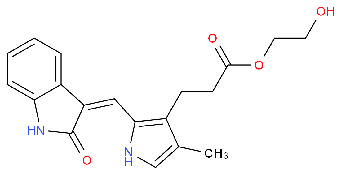 2-hydroxyethyl 3-(4-methyl-2-{[(3Z)-2-oxo-2,3-dihydro-1H-indol-3-ylidene]methyl}-1H-pyrrol-3-yl)propanoate_分子结构_CAS_258831-78-6