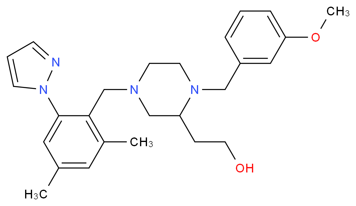 2-[4-[2,4-dimethyl-6-(1H-pyrazol-1-yl)benzyl]-1-(3-methoxybenzyl)-2-piperazinyl]ethanol_分子结构_CAS_)