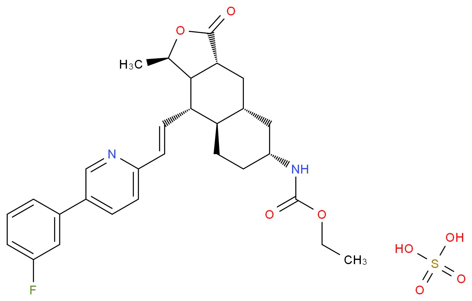 sulfuric acid ethyl N-[(1R,3aR,4aR,6R,8aR,9S,9aS)-9-[(E)-2-[5-(3-fluorophenyl)pyridin-2-yl]ethenyl]-1-methyl-3-oxo-dodecahydronaphtho[2,3-c]furan-6-yl]carbamate_分子结构_CAS_705260-08-8