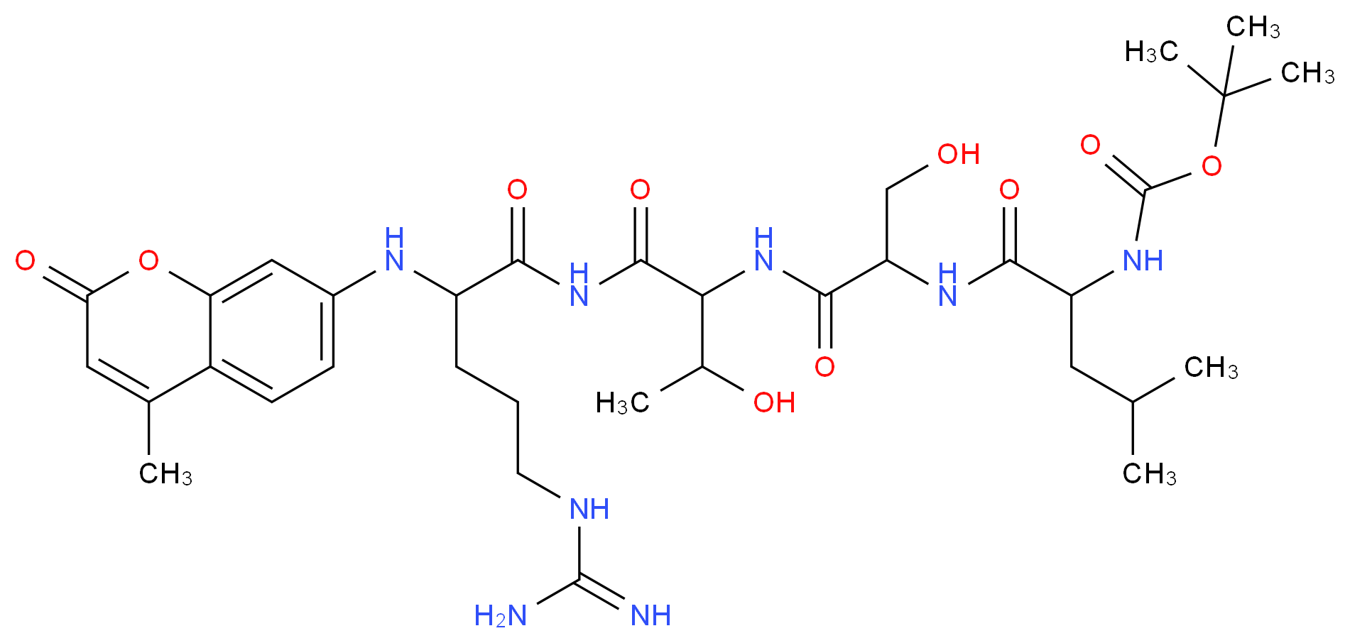 tert-butyl N-[1-({1-[(1-{5-carbamimidamido-2-[(4-methyl-2-oxo-2H-chromen-7-yl)amino]pentanamido}-3-hydroxy-1-oxobutan-2-yl)carbamoyl]-2-hydroxyethyl}carbamoyl)-3-methylbutyl]carbamate_分子结构_CAS_73554-93-5