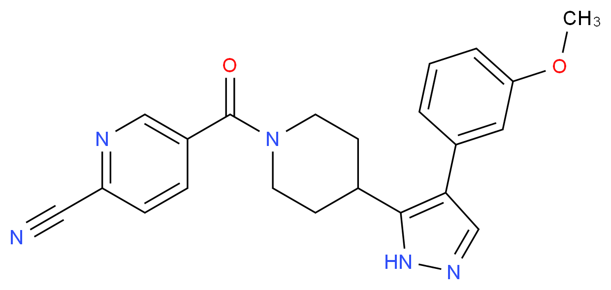 5-({4-[4-(3-methoxyphenyl)-1H-pyrazol-5-yl]piperidin-1-yl}carbonyl)pyridine-2-carbonitrile_分子结构_CAS_)