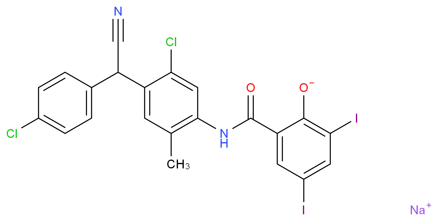 sodium 2-({5-chloro-4-[(4-chlorophenyl)(cyano)methyl]-2-methylphenyl}carbamoyl)-4,6-diiodobenzen-1-olate_分子结构_CAS_61438-64-0