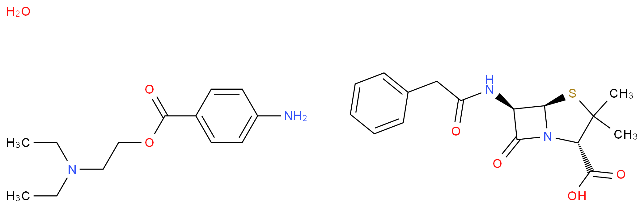 (2S,5R,6R)-3,3-dimethyl-7-oxo-6-(2-phenylacetamido)-4-thia-1-azabicyclo[3.2.0]heptane-2-carboxylic acid 2-(diethylamino)ethyl 4-aminobenzoate hydrate_分子结构_CAS_6130-64-9