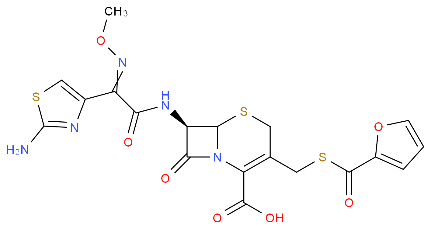 (7R)-7-[2-(2-amino-1,3-thiazol-4-yl)-2-(methoxyimino)acetamido]-3-[(furan-2-carbonylsulfanyl)methyl]-8-oxo-5-thia-1-azabicyclo[4.2.0]oct-2-ene-2-carboxylic acid_分子结构_CAS_80370-57-6