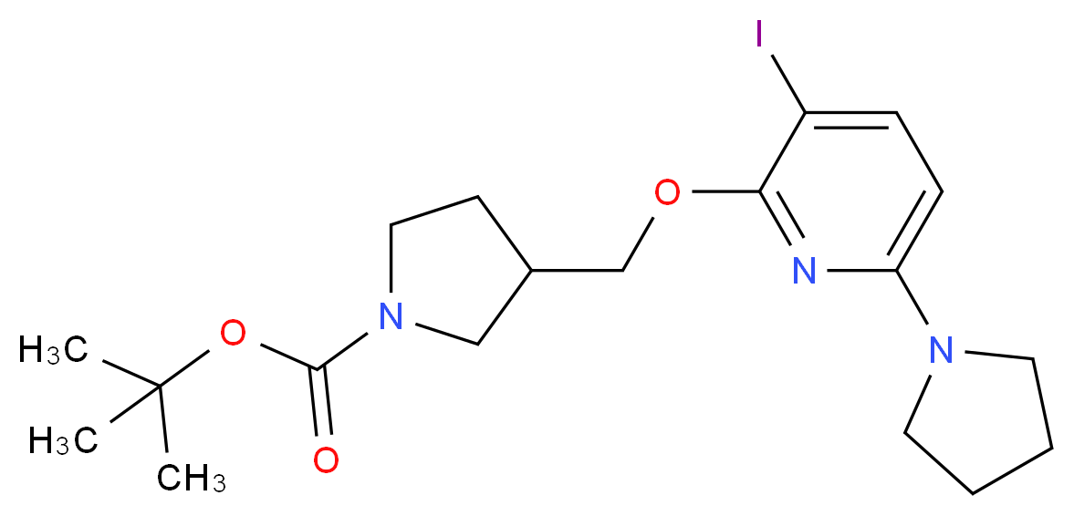 tert-Butyl 3-((3-iodo-6-(pyrrolidin-1-yl)pyridin-2-yloxy)methyl)pyrrolidine-1-carboxylate_分子结构_CAS_1228665-81-3)