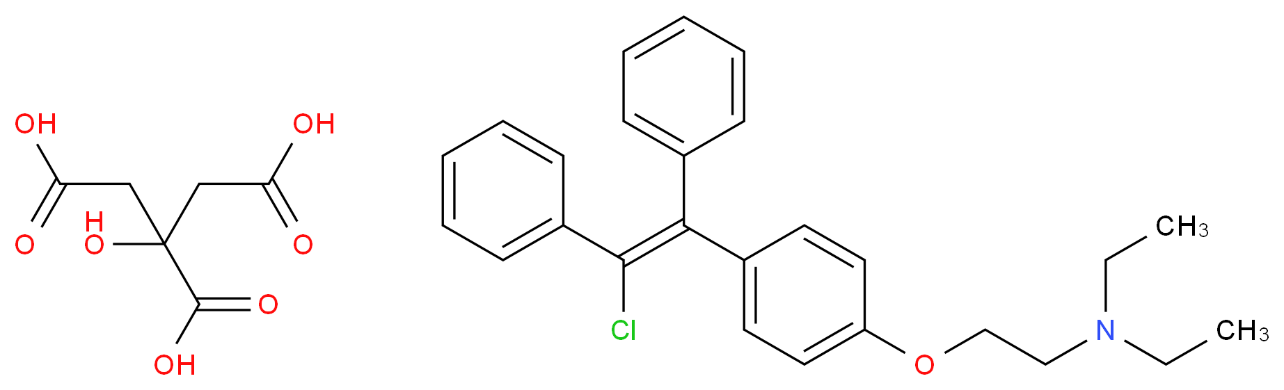 2-hydroxypropane-1,2,3-tricarboxylic acid; {2-[4-(2-chloro-1,2-diphenylethenyl)phenoxy]ethyl}diethylamine_分子结构_CAS_50-41-9