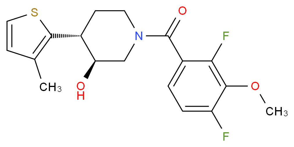 (3S*,4R*)-1-(2,4-difluoro-3-methoxybenzoyl)-4-(3-methyl-2-thienyl)piperidin-3-ol_分子结构_CAS_)