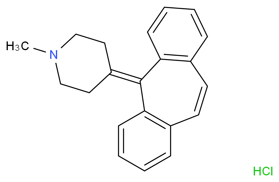 1-methyl-4-{tricyclo[9.4.0.0^{3,8}]pentadeca-1(11),3(8),4,6,9,12,14-heptaen-2-ylidene}piperidine hydrochloride_分子结构_CAS_129-03-3