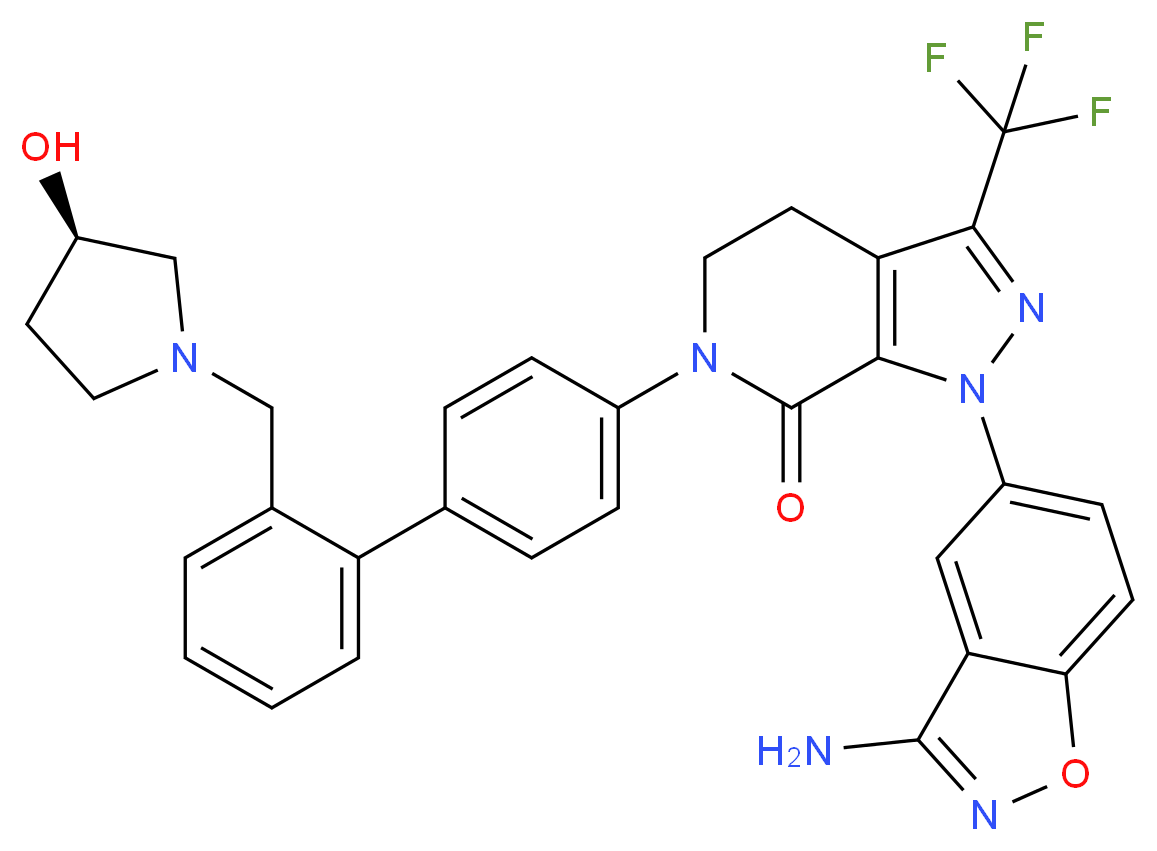 1-(3-amino-1,2-benzoxazol-5-yl)-6-[4-(2-{[(3R)-3-hydroxypyrrolidin-1-yl]methyl}phenyl)phenyl]-3-(trifluoromethyl)-1H,4H,5H,6H,7H-pyrazolo[3,4-c]pyridin-7-one_分子结构_CAS_280118-23-2