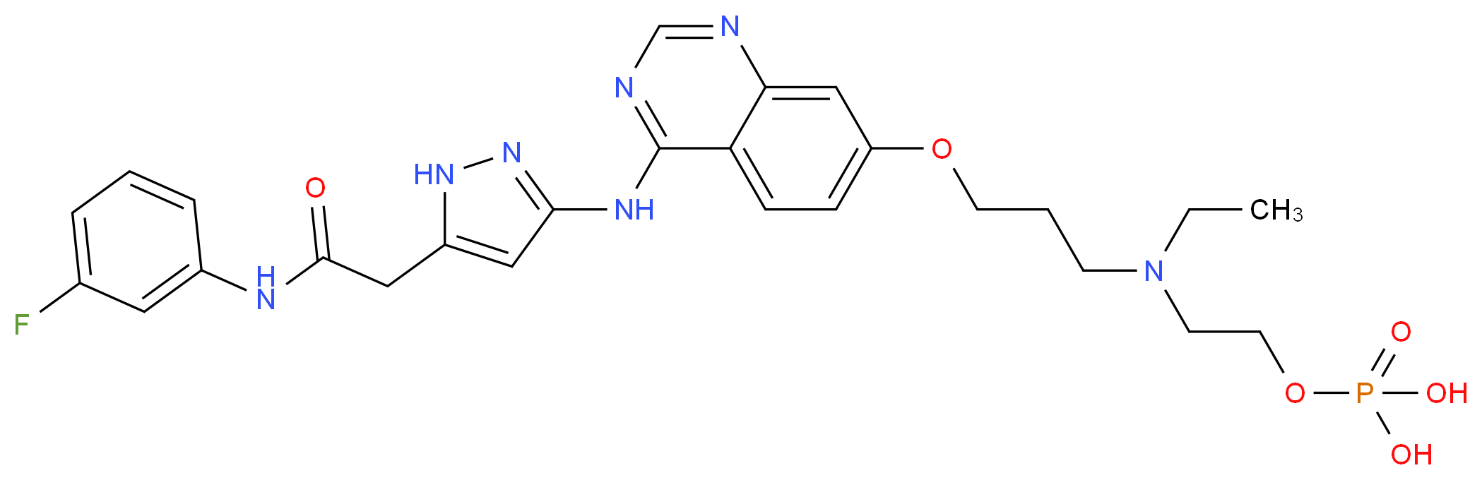 (2-{ethyl[3-({4-[(5-{[(3-fluorophenyl)carbamoyl]methyl}-1H-pyrazol-3-yl)amino]quinazolin-7-yl}oxy)propyl]amino}ethoxy)phosphonic acid_分子结构_CAS_957881-03-7