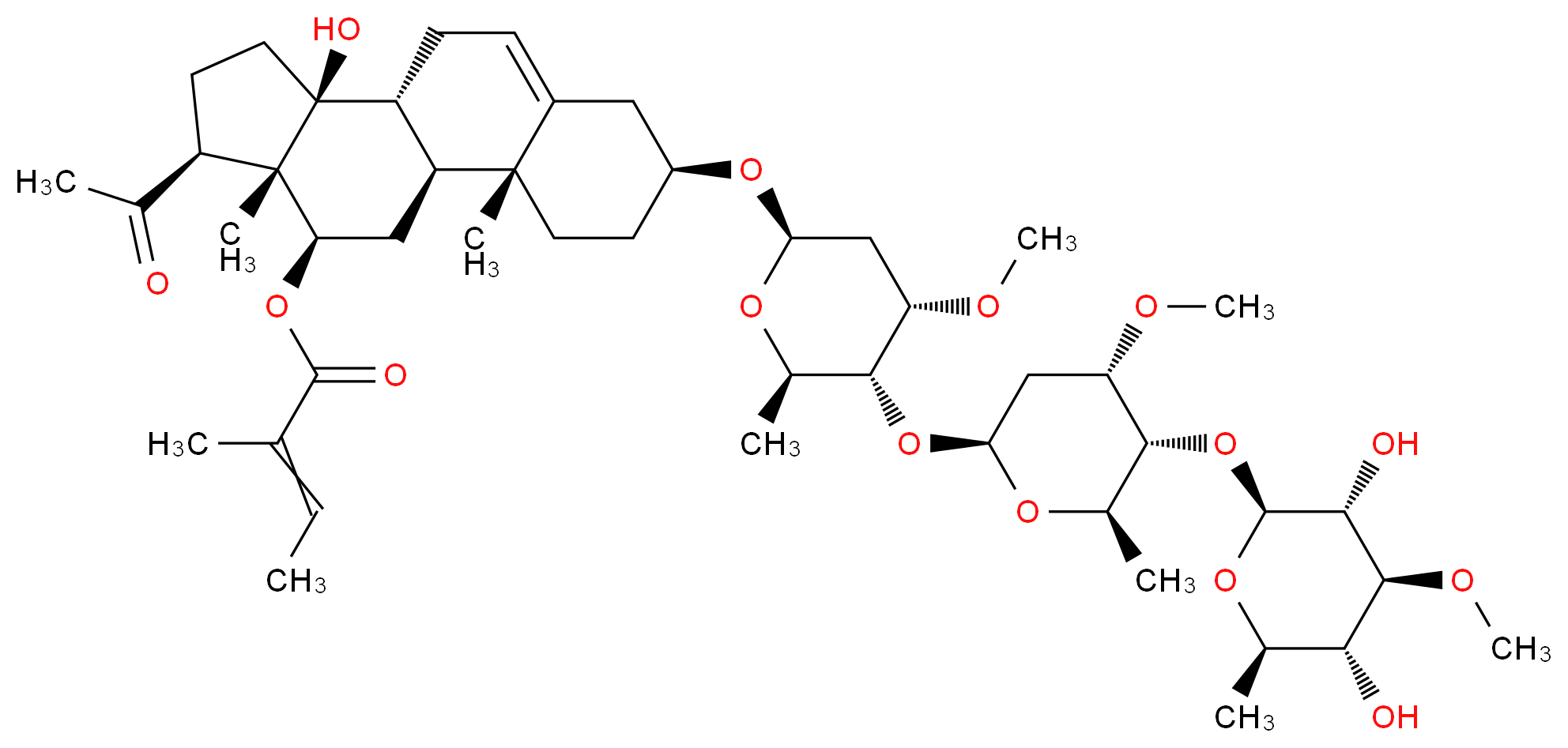 (1S,2R,5S,10R,11S,14S,15S,16R)-14-acetyl-5-{[(2R,4S,5R,6R)-5-{[(2S,4S,5R,6R)-5-{[(2S,3R,4S,5R,6R)-3,5-dihydroxy-4-methoxy-6-methyloxan-2-yl]oxy}-4-methoxy-6-methyloxan-2-yl]oxy}-4-methoxy-6-methyloxan-2-yl]oxy}-11-hydroxy-2,15-dimethyltetracyclo[8.7.0.0<sup>2</sup>,<sup>7</sup>.0<sup>1</sup><sup>1</sup>,<sup>1</sup><sup>5</sup>]heptadec-7-en-16-yl 2-methylbut-2-enoate_分子结构_CAS_384329-61-7