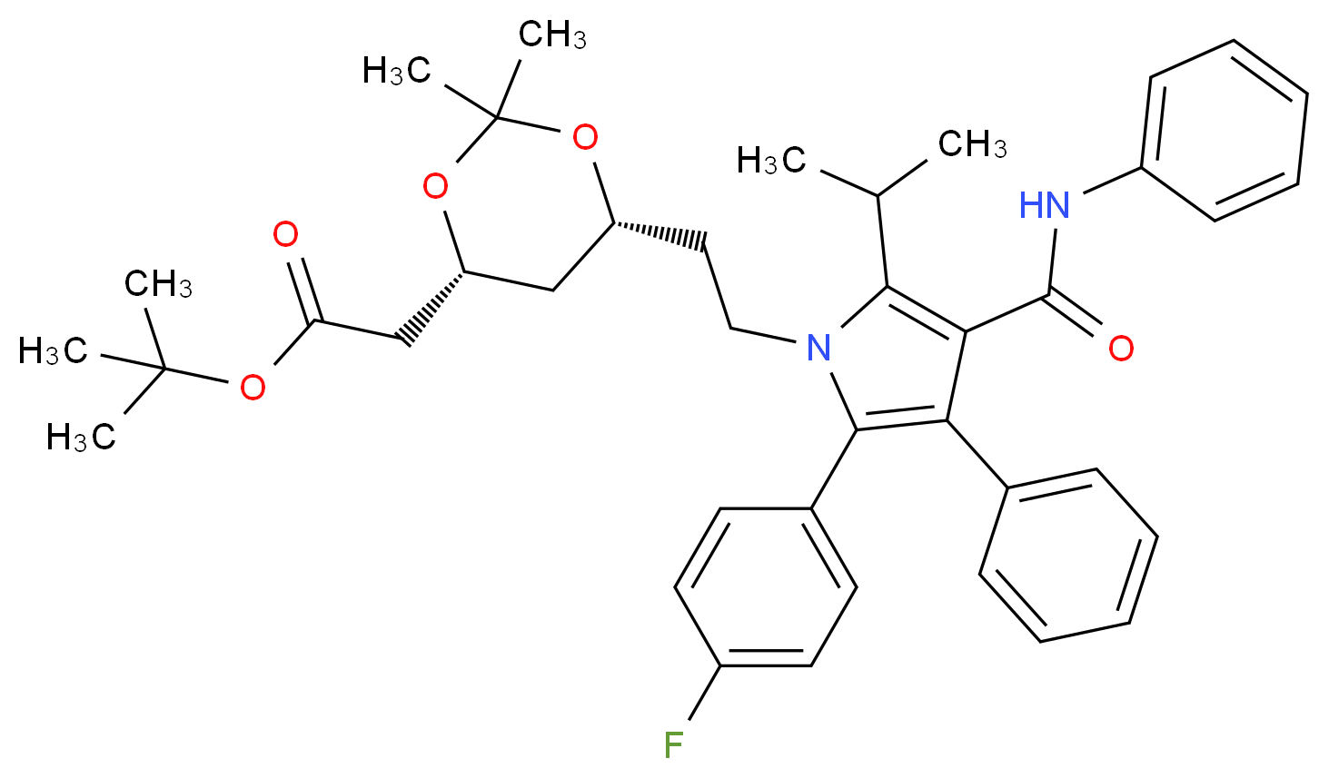 (4R,6R)-1,3-二氧杂环己烷-4-乙酸 6-[2-[2-(4-氟苯基)-5-(1-甲基乙基)-3-苯基-4-[(苯氨基)羰基]-1H-吡咯-1-基]乙基]-2,2-二甲基-1,1-二甲基乙酯_分子结构_CAS_125971-95-1)