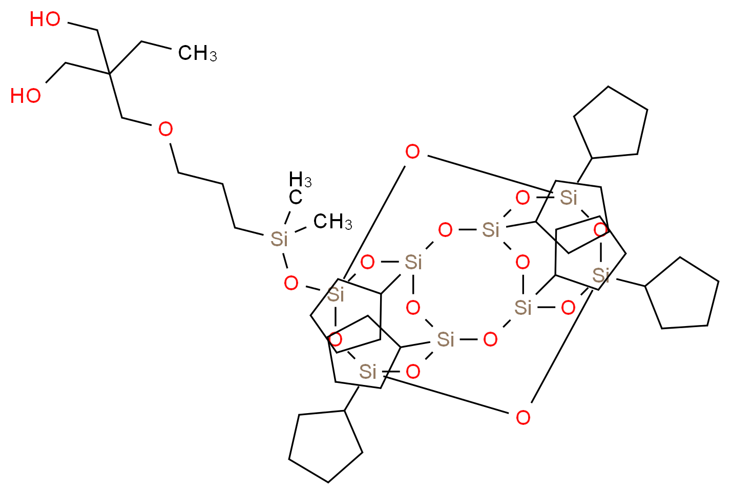 2-ethyl-2-({3-[({heptacyclopentylpentacyclo[9.5.1.1<sup>3</sup>,<sup>9</sup>.1<sup>5</sup>,<sup>1</sup><sup>5</sup>.1<sup>7</sup>,<sup>1</sup><sup>3</sup>]octasiloxan-1-yl}oxy)dimethylsilyl]propoxy}methyl)propane-1,3-diol_分子结构_CAS_268747-51-9