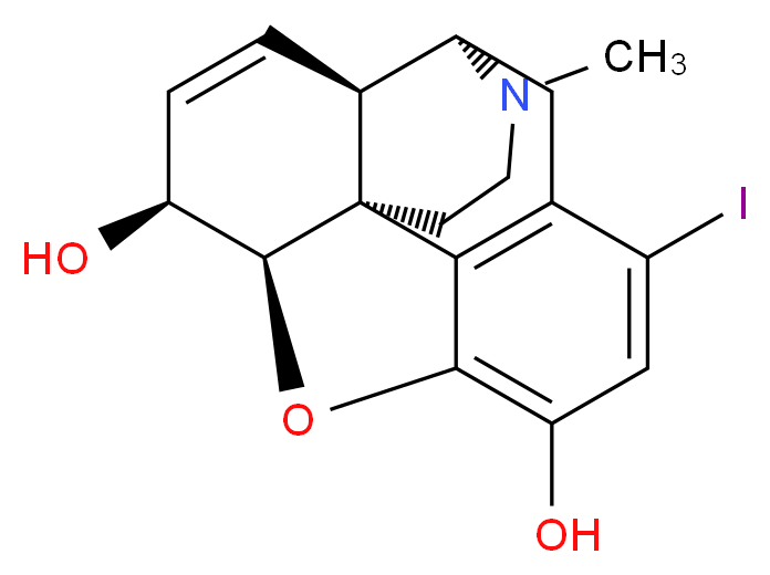 (1S,5R,13R,14S,17R)-8-iodo-4-methyl-12-oxa-4-azapentacyclo[9.6.1.0<sup>1</sup>,<sup>1</sup><sup>3</sup>.0<sup>5</sup>,<sup>1</sup><sup>7</sup>.0<sup>7</sup>,<sup>1</sup><sup>8</sup>]octadeca-7(18),8,10,15-tetraene-10,14-diol_分子结构_CAS_64739-76-0