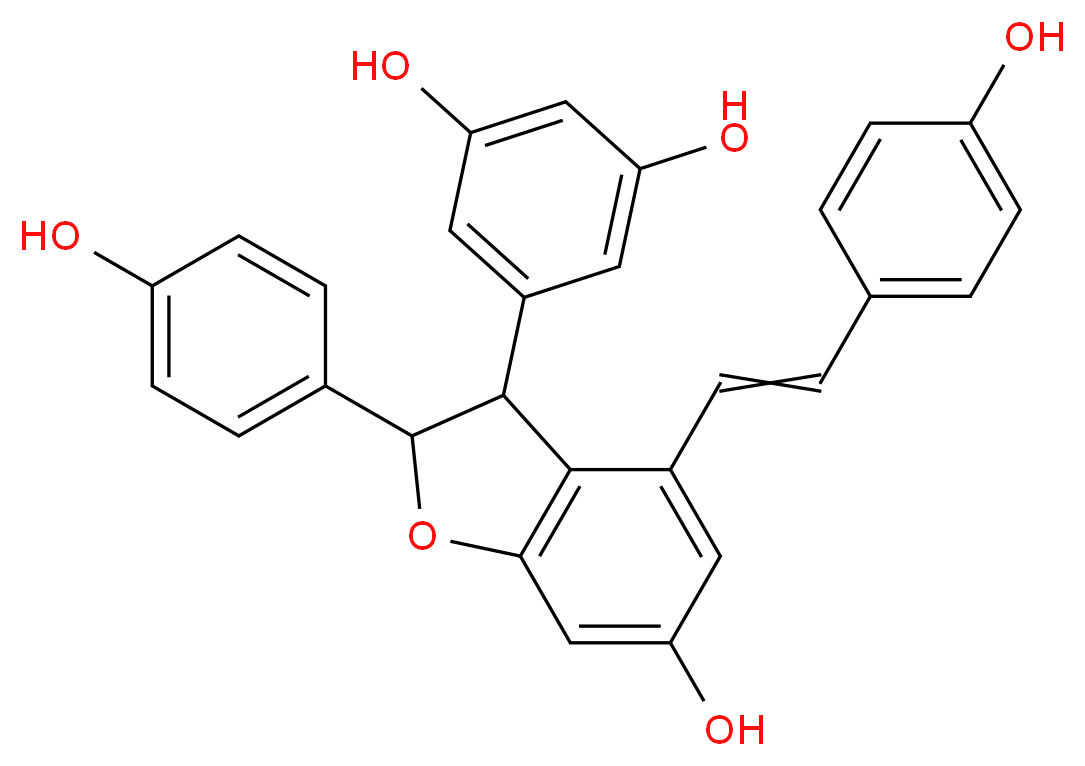 5-[6-hydroxy-2-(4-hydroxyphenyl)-4-[2-(4-hydroxyphenyl)ethenyl]-2,3-dihydro-1-benzofuran-3-yl]benzene-1,3-diol_分子结构_CAS_62218-08-0