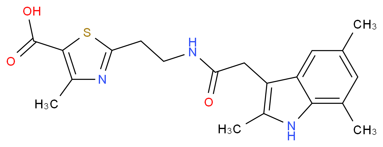 4-methyl-2-(2-{[(2,5,7-trimethyl-1H-indol-3-yl)acetyl]amino}ethyl)-1,3-thiazole-5-carboxylic acid_分子结构_CAS_)