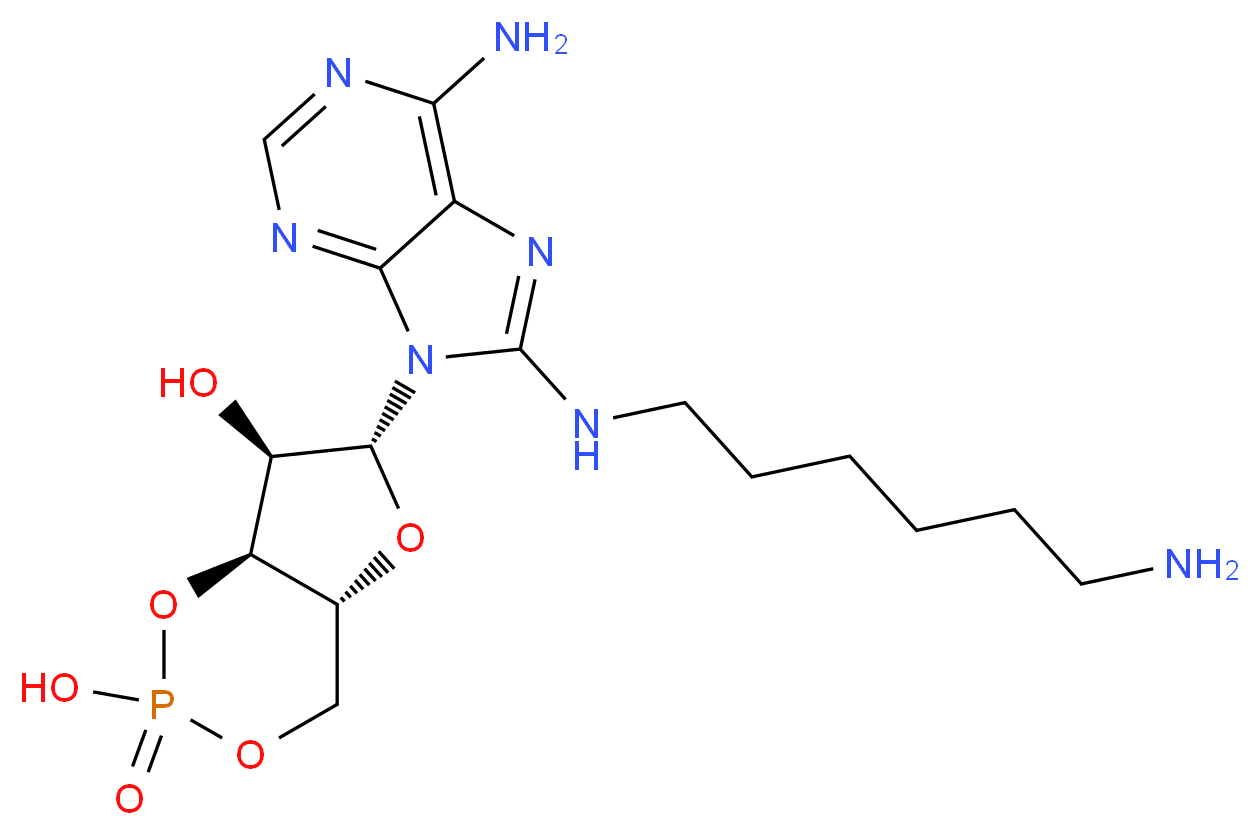 (4aR,6R,7R,7aS)-6-{6-amino-8-[(6-aminohexyl)amino]-9H-purin-9-yl}-2,7-dihydroxy-hexahydro-1,3,5,2λ<sup>5</sup>-furo[3,2-d][1,3,2λ<sup>5</sup>]dioxaphosphinin-2-one_分子结构_CAS_39824-30-1