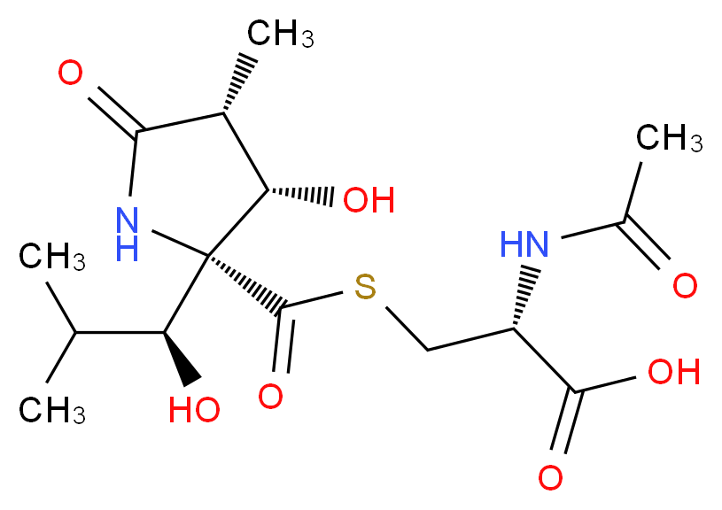 (2R)-2-acetamido-3-[(2R,3S,4R)-3-hydroxy-2-[(1S)-1-hydroxy-2-methylpropyl]-4-methyl-5-oxopyrrolidine-2-carbonylsulfanyl]propanoic acid_分子结构_CAS_133343-34-7