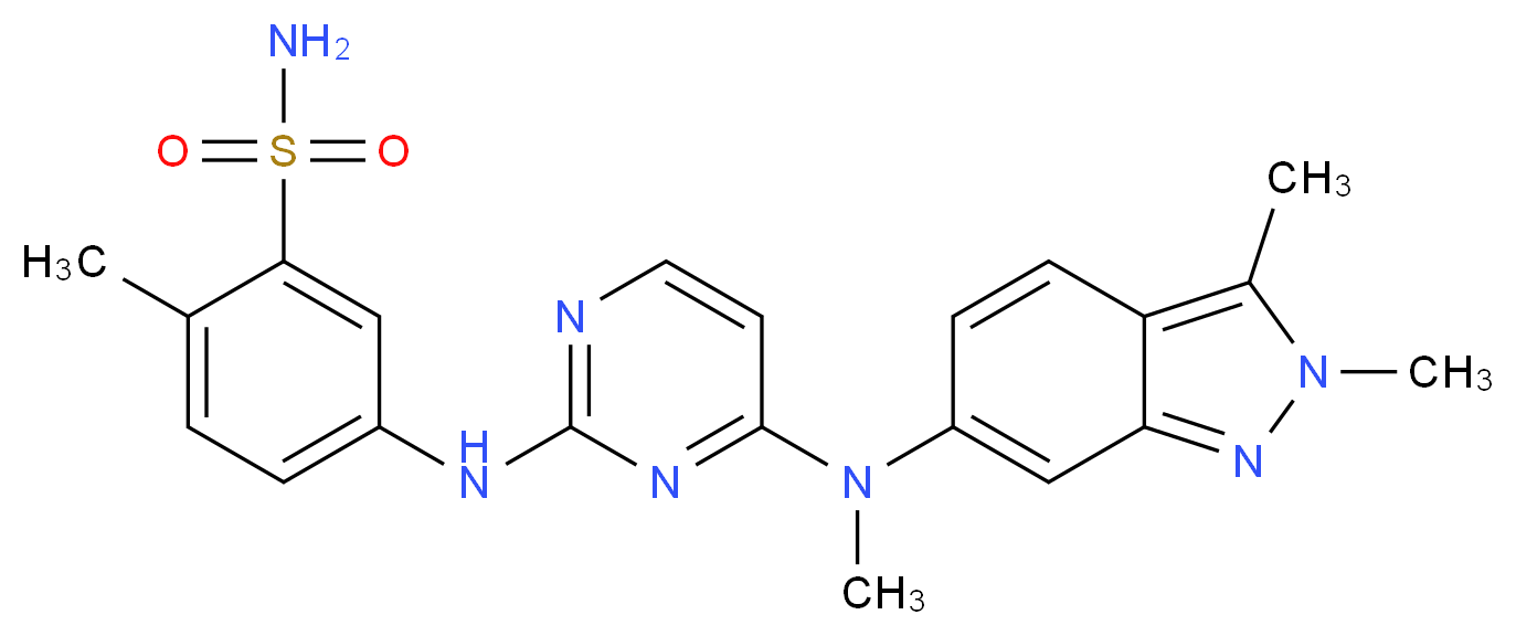 5-[4-[(2,3-Dimethyl-2H-indazol-6-yl)-methyl-amino]-pyrimidin-2-ylamino]-2-methyl-benzenesulfonamide_分子结构_CAS_790713-33-6)