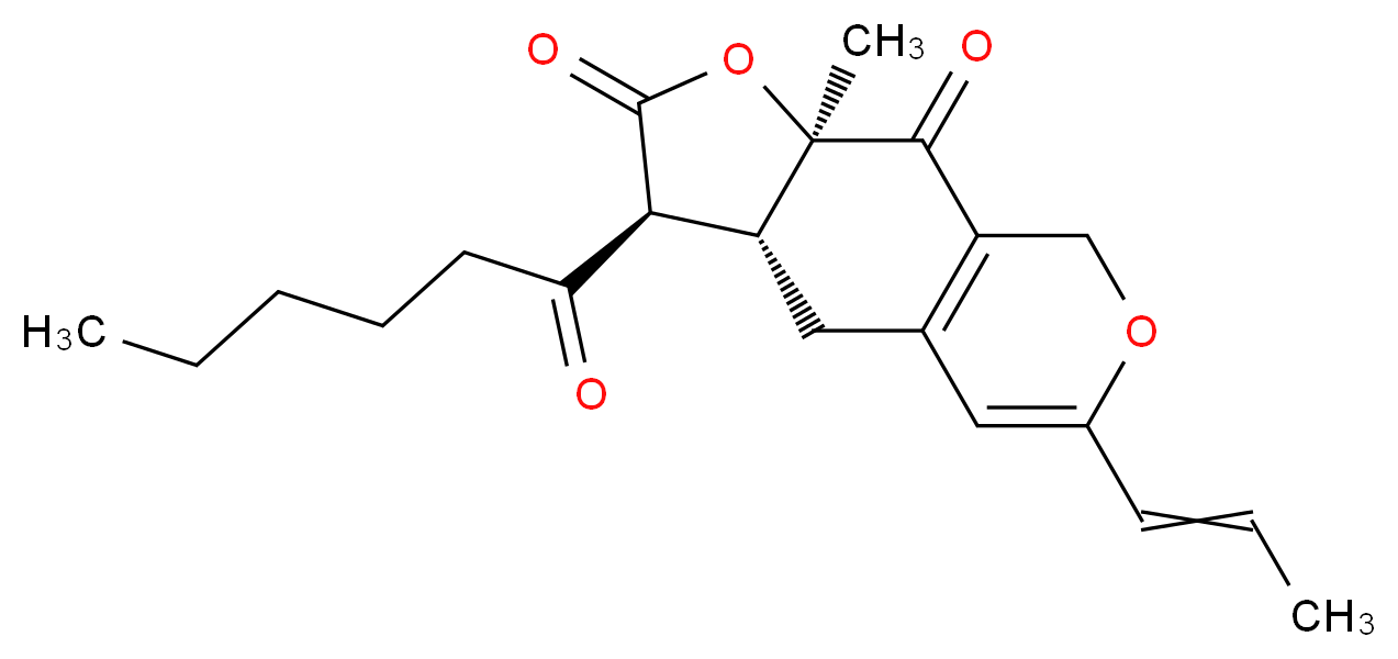 (3S,3aR,9aR)-3-hexanoyl-9a-methyl-6-(prop-1-en-1-yl)-2H,3H,3aH,4H,8H,9H,9aH-furo[3,2-g]isochromene-2,9-dione_分子结构_CAS_21516-68-7