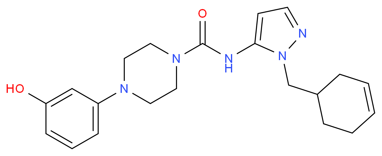N-[1-(cyclohex-3-en-1-ylmethyl)-1H-pyrazol-5-yl]-4-(3-hydroxyphenyl)piperazine-1-carboxamide_分子结构_CAS_)