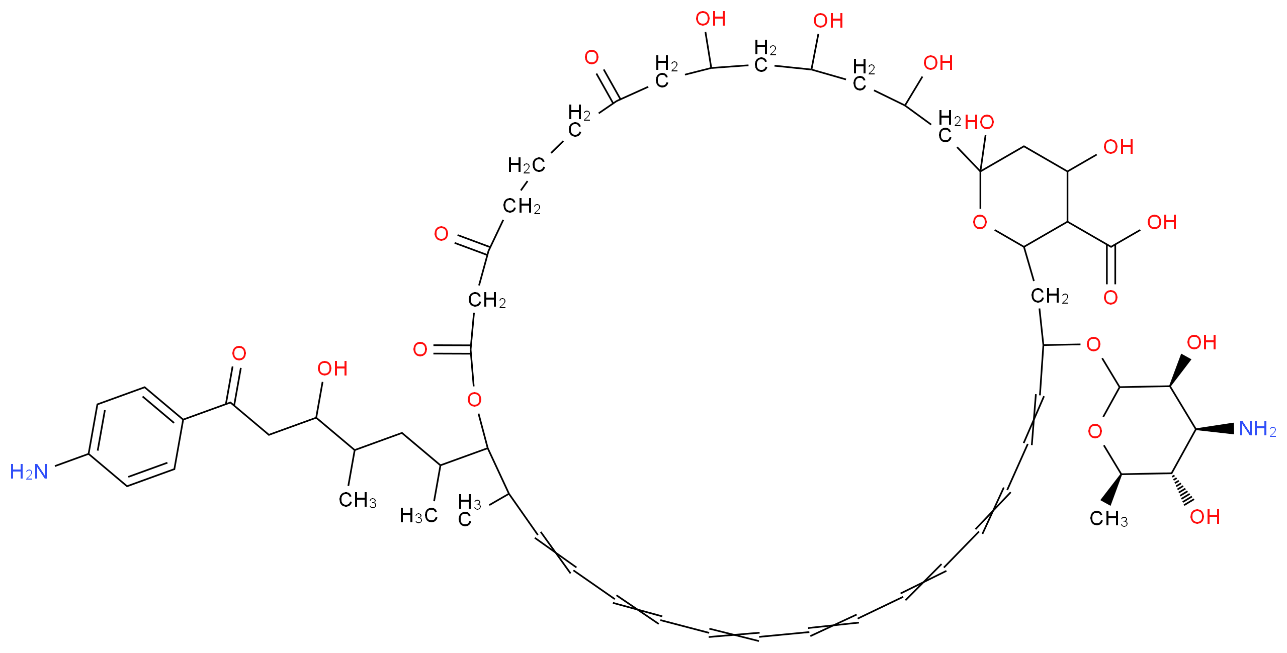 33-{[(3S,4S,5S,6R)-4-amino-3,5-dihydroxy-6-methyloxan-2-yl]oxy}-17-[7-(4-aminophenyl)-5-hydroxy-4-methyl-7-oxoheptan-2-yl]-1,3,5,7,37-pentahydroxy-18-methyl-9,13,15-trioxo-16,39-dioxabicyclo[33.3.1]nonatriaconta-19,21,23,25,27,29,31-heptaene-36-carboxylic acid_分子结构_CAS_1403-17-4