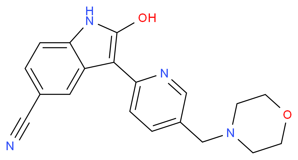 2-hydroxy-3-[5-(morpholin-4-ylmethyl)pyridin-2-yl]-1H-indole-5-carbonitrile_分子结构_CAS_612487-72-6