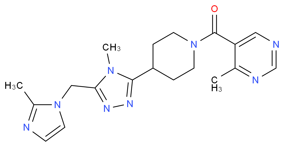 4-methyl-5-[(4-{4-methyl-5-[(2-methyl-1H-imidazol-1-yl)methyl]-4H-1,2,4-triazol-3-yl}piperidin-1-yl)carbonyl]pyrimidine_分子结构_CAS_)