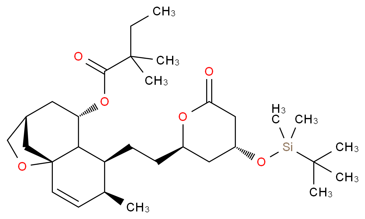 (1S,4S,5S,6S,7S,9R)-5-{2-[(2R,4R)-4-[(tert-butyldimethylsilyl)oxy]-6-oxooxan-2-yl]ethyl}-4-methyl-11-oxatricyclo[7.2.1.0<sup>1</sup>,<sup>6</sup>]dodec-2-en-7-yl 2,2-dimethylbutanoate_分子结构_CAS_125175-64-6