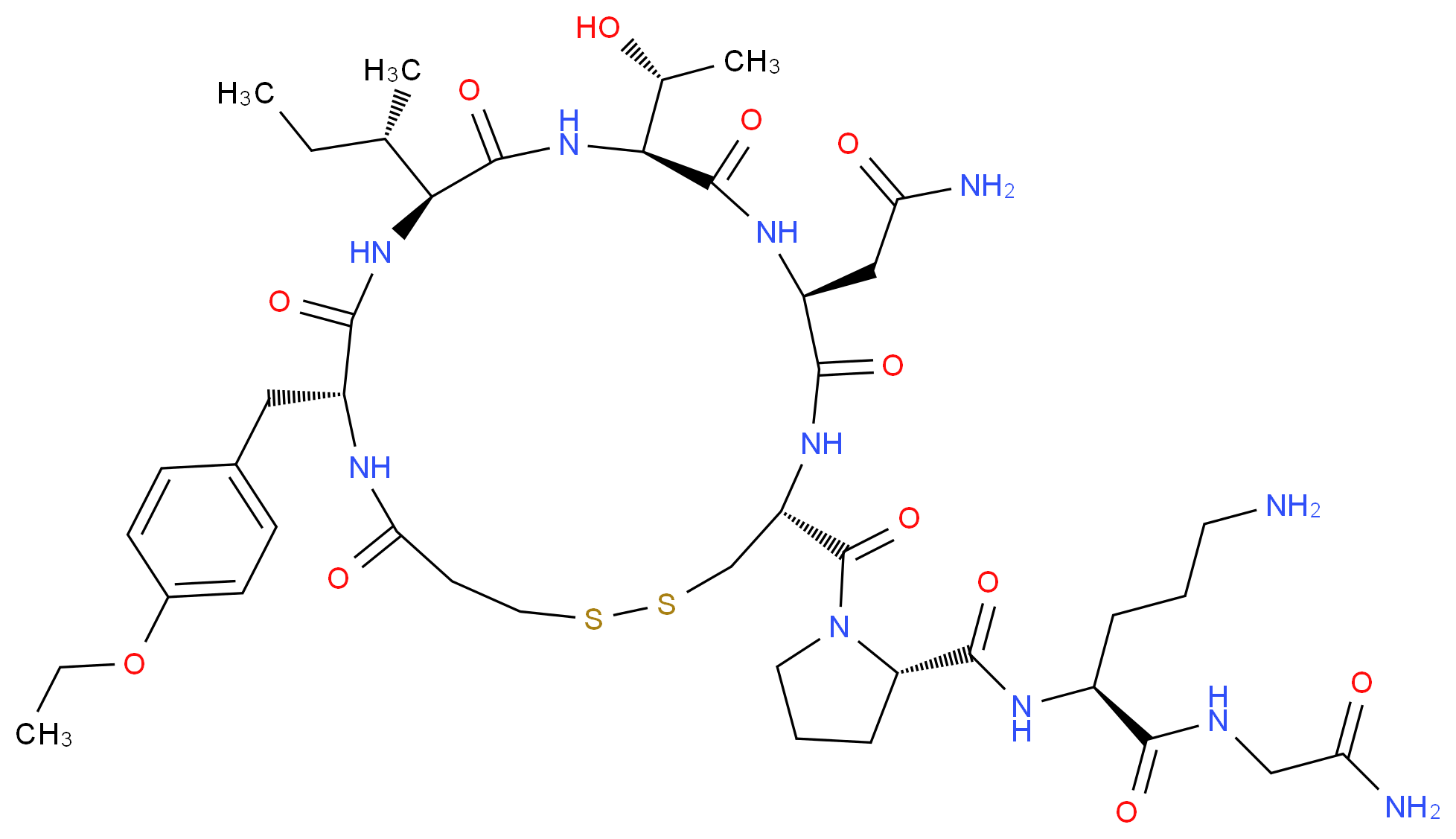 (2S)-5-amino-2-{[(2S)-1-[(4R,7S,10S,13S,16R)-13-[(2S)-butan-2-yl]-7-(carbamoylmethyl)-16-[(4-ethoxyphenyl)methyl]-10-[(1R)-1-hydroxyethyl]-6,9,12,15,18-pentaoxo-1,2-dithia-5,8,11,14,17-pentaazacycloicosane-4-carbonyl]pyrrolidin-2-yl]formamido}-N-(carbamoylmethyl)pentanamide_分子结构_CAS_90779-69-4