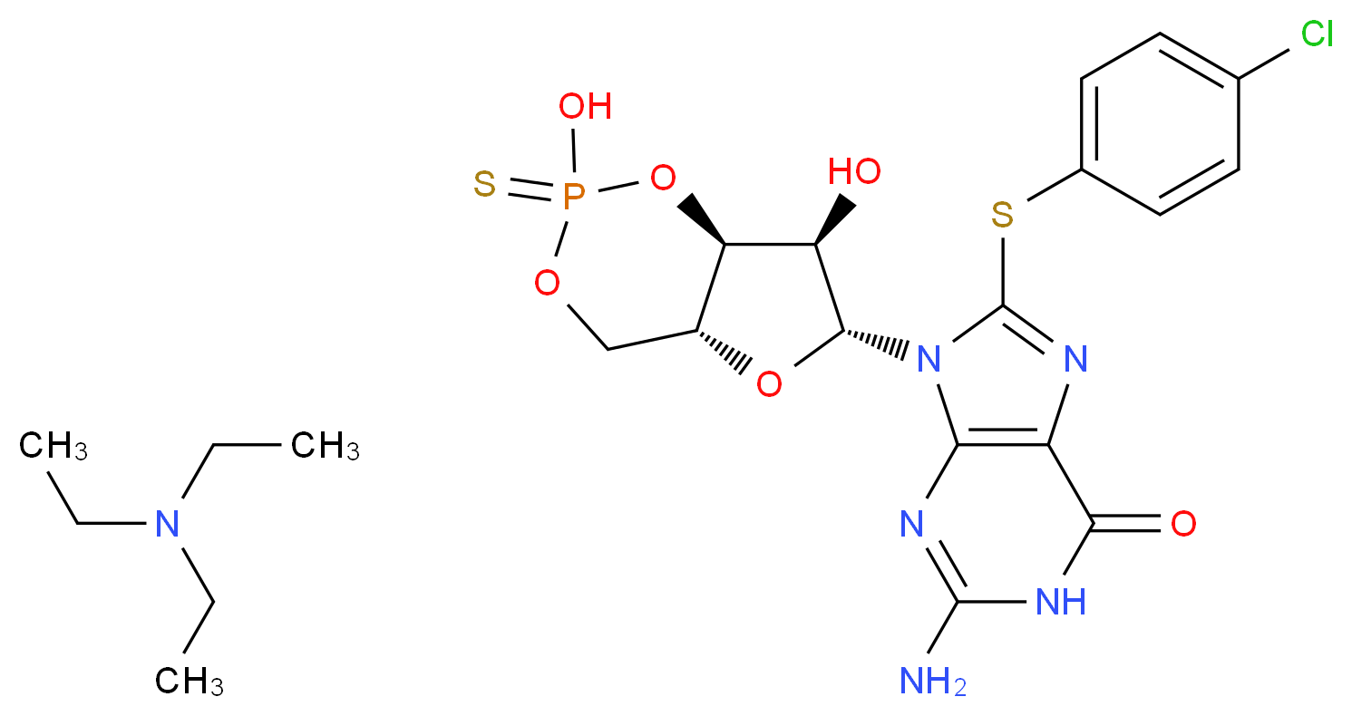 9-[(2R,4aR,6R,7R,7aS)-2,7-dihydroxy-2-sulfanylidene-hexahydro-1,3,5,2λ<sup>5</sup>-furo[3,2-d][1,3,2λ<sup>5</sup>]dioxaphosphinin-6-yl]-2-amino-8-[(4-chlorophenyl)sulfanyl]-6,9-dihydro-1H-purin-6-one; triethylamine_分子结构_CAS_276696-61-8