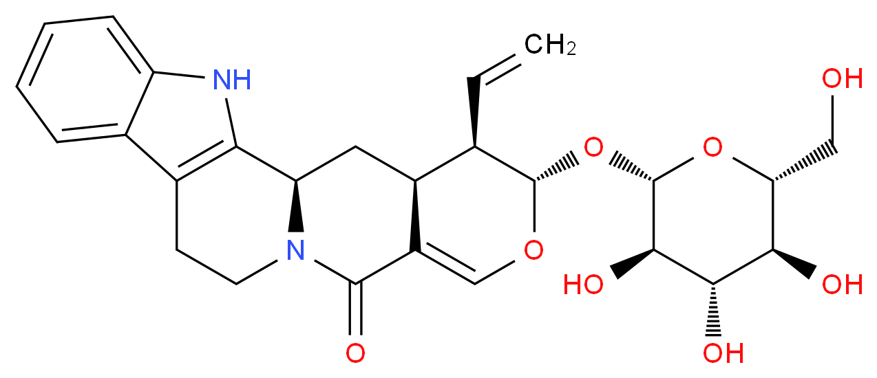 (1R,18S,19R,20S)-19-ethenyl-18-{[(2S,3R,4S,5S,6R)-3,4,5-trihydroxy-6-(hydroxymethyl)oxan-2-yl]oxy}-17-oxa-3,13-diazapentacyclo[11.8.0.0<sup>2</sup>,<sup>1</sup><sup>0</sup>.0<sup>4</sup>,<sup>9</sup>.0<sup>1</sup><sup>5</sup>,<sup>2</sup><sup>0</sup>]henicosa-2(10),4,6,8,15-pentaen-14-one_分子结构_CAS_23141-27-7