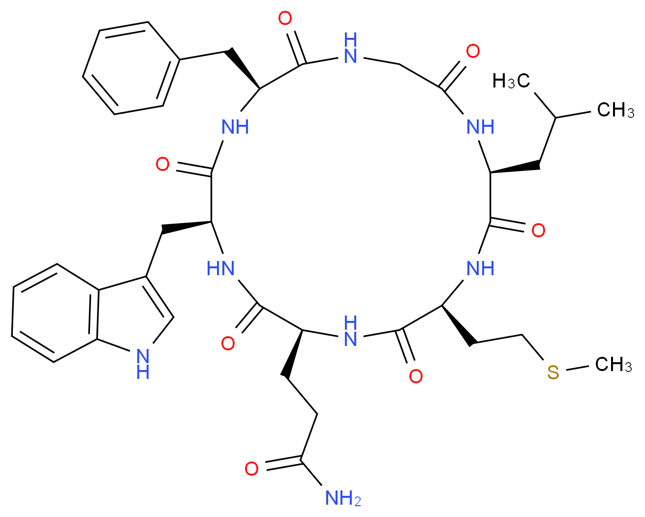 3-[(2S,5S,8S,14S,17S)-8-benzyl-5-(1H-indol-3-ylmethyl)-14-(2-methylpropyl)-17-[2-(methylsulfanyl)ethyl]-3,6,9,12,15,18-hexaoxo-1,4,7,10,13,16-hexaazacyclooctadecan-2-yl]propanamide_分子结构_CAS_125989-12-0