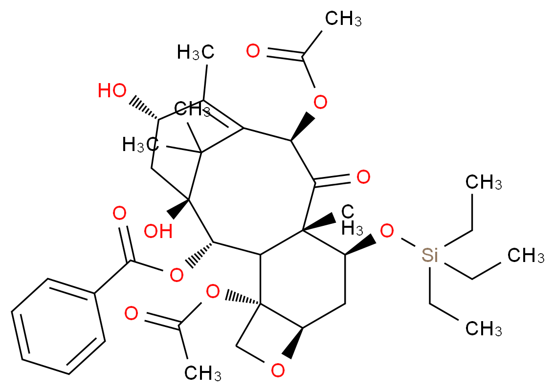 (1S,2S,3R,4S,7R,9S,10S,12R,15S)-4,12-bis(acetyloxy)-1,15-dihydroxy-10,14,17,17-tetramethyl-11-oxo-9-[(triethylsilyl)oxy]-6-oxatetracyclo[11.3.1.0<sup>3</sup>,<sup>1</sup><sup>0</sup>.0<sup>4</sup>,<sup>7</sup>]heptadec-13-en-2-yl benzoate_分子结构_CAS_115437-21-3