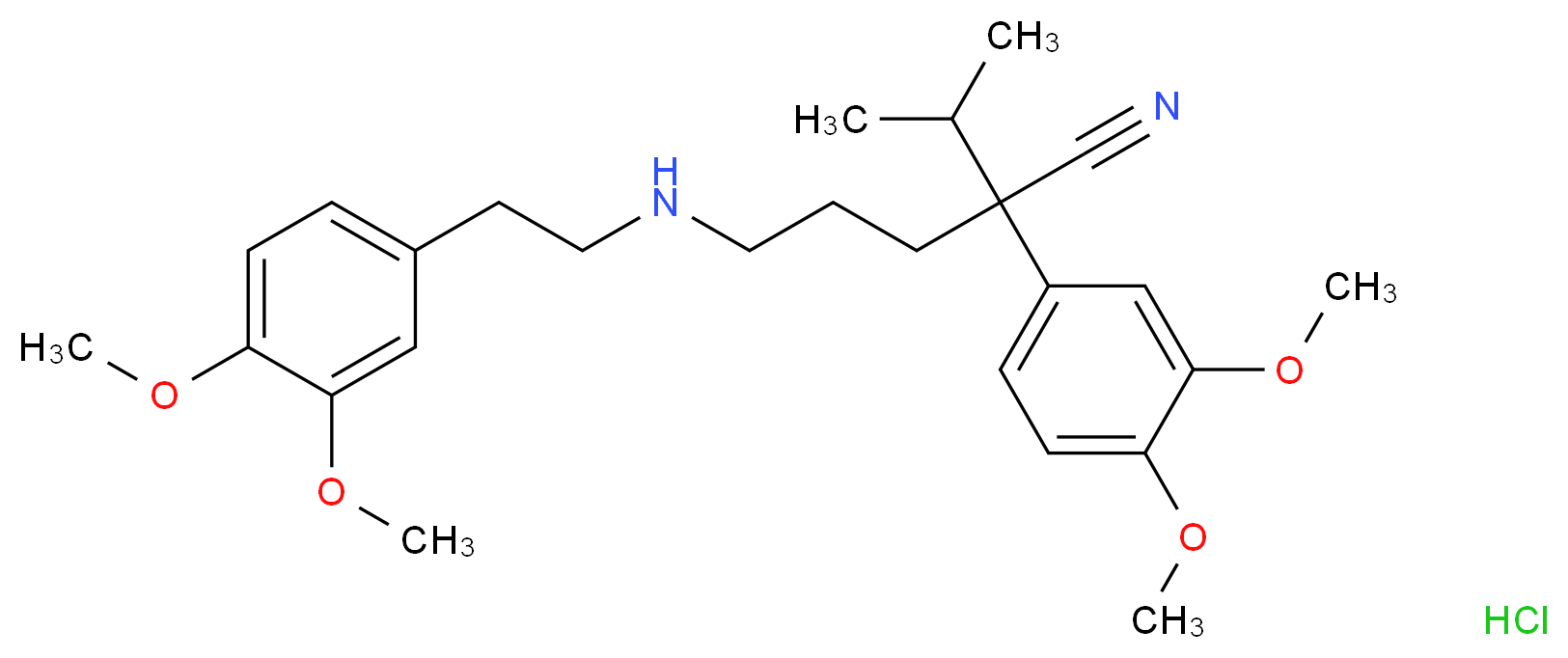 2-(3,4-dimethoxyphenyl)-5-{[2-(3,4-dimethoxyphenyl)ethyl]amino}-2-(propan-2-yl)pentanenitrile hydrochloride_分子结构_CAS_67812-42-4