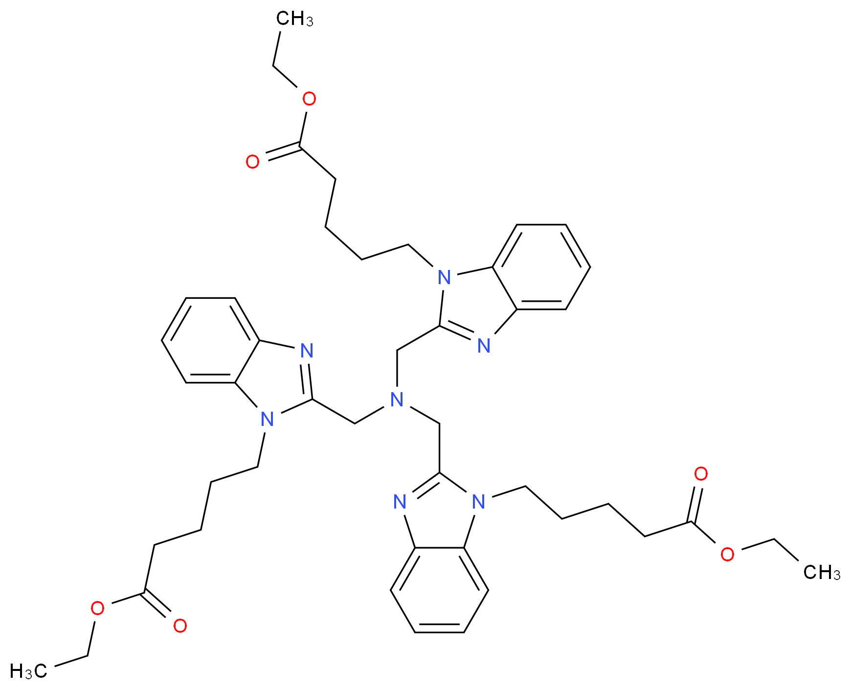 Triethyl 5,5′,5′′-[2,2′,2′′-nitrilotris(methylene)tris(1H-benzo[d]imidazole-2,1-diyl)]tripentanoate_分子结构_CAS_956299-56-2)