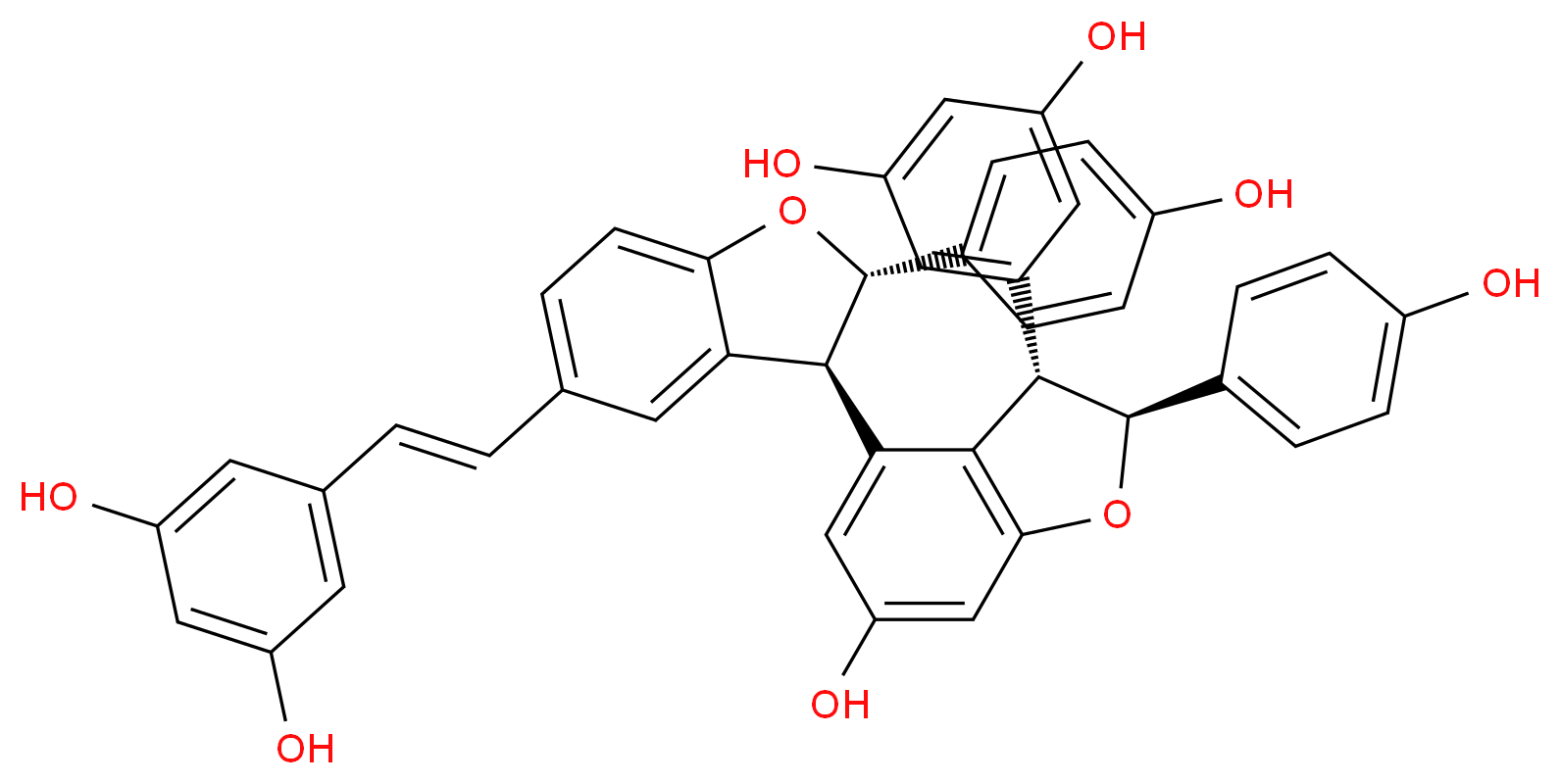 5-[(2S,3S)-4-[(2S,3S)-5-[(E)-2-(3,5-dihydroxyphenyl)ethenyl]-2-(4-hydroxyphenyl)-2,3-dihydro-1-benzofuran-3-yl]-6-hydroxy-2-(4-hydroxyphenyl)-2,3-dihydro-1-benzofuran-3-yl]benzene-1,3-diol_分子结构_CAS_610757-17-0