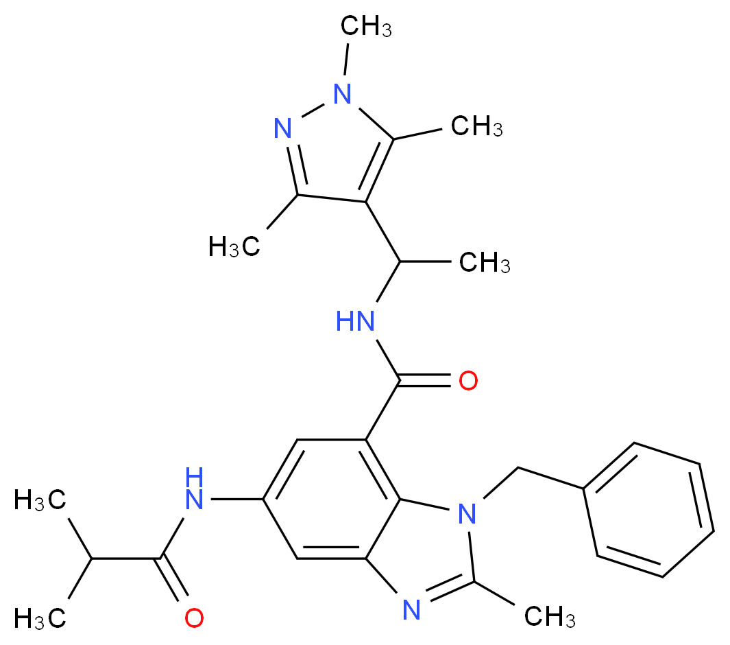 1-benzyl-5-(isobutyrylamino)-2-methyl-N-[1-(1,3,5-trimethyl-1H-pyrazol-4-yl)ethyl]-1H-benzimidazole-7-carboxamide_分子结构_CAS_)