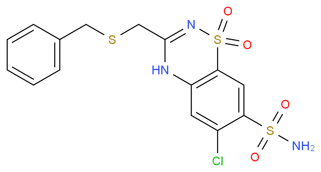 3-[(benzylsulfanyl)methyl]-6-chloro-1,1-dioxo-4H-1$l^{6},2,4-benzothiadiazine-7-sulfonamide_分子结构_CAS_91-33-8