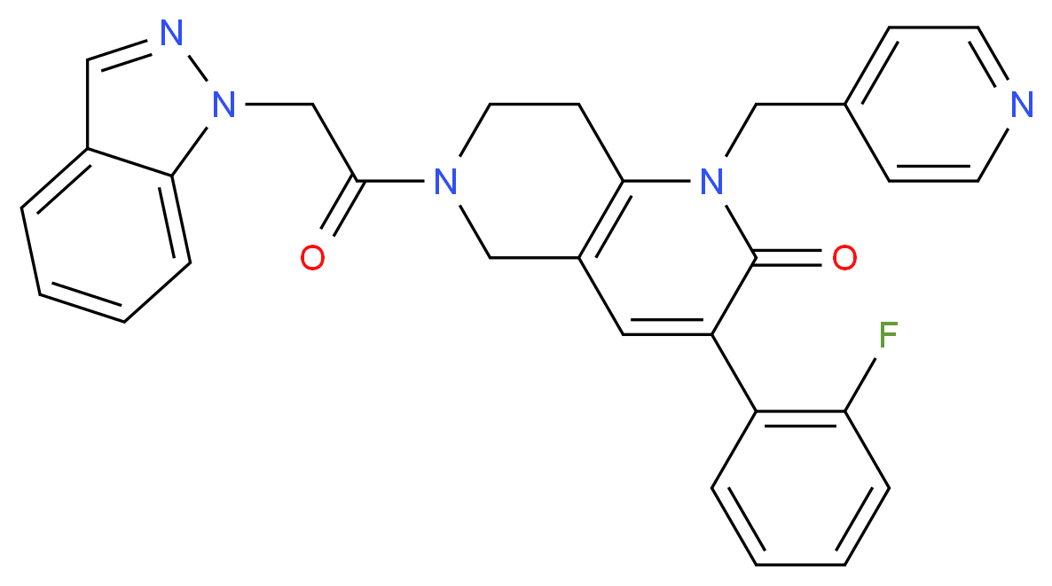 3-(2-fluorophenyl)-6-(1H-indazol-1-ylacetyl)-1-(4-pyridinylmethyl)-5,6,7,8-tetrahydro-1,6-naphthyridin-2(1H)-one_分子结构_CAS_)